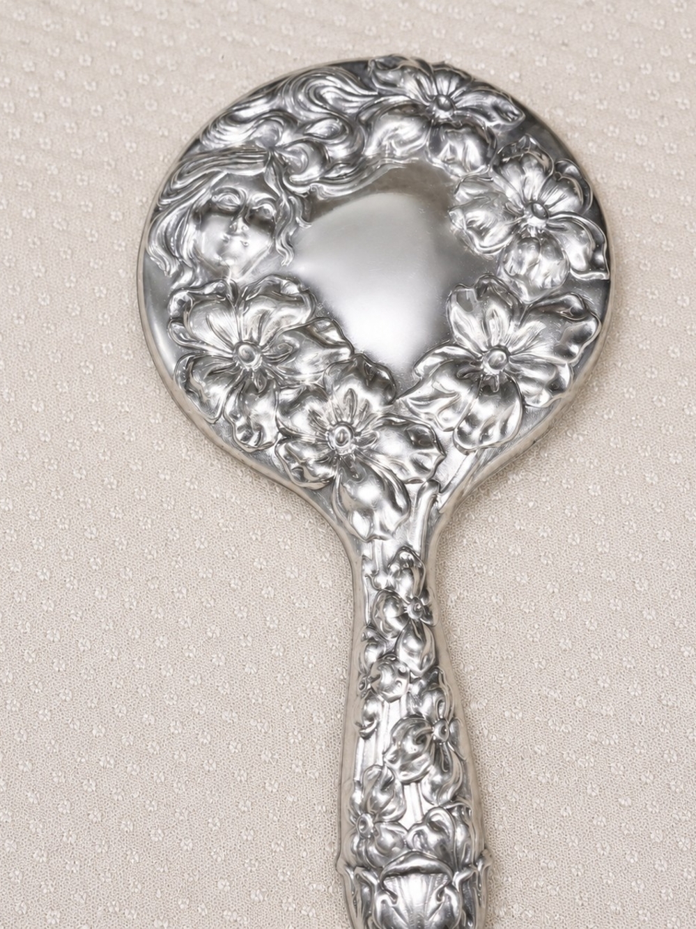 Ornate Silver Floral Hand Mirror - Decorative Home Accent